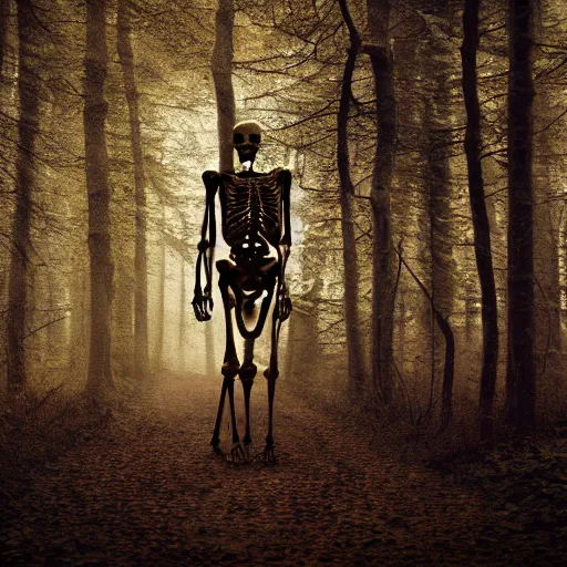 Image similar to a mysterious photography of a skeleton walking in a wood, hyper detailed, dark, 8 k, hd,