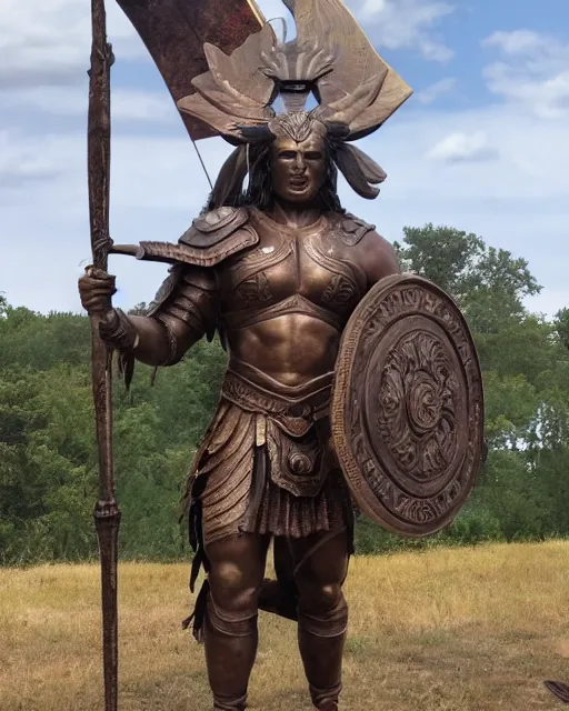 Image similar to a gigantic 1 0 0 0 foot bronze statue of a spartanburg warrior holding his spear and shield, god of war, fantasy landscape, thousands of tiny onlookers, photorealistic, atmospheric