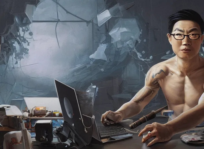 Image similar to an insanely detailed painting of an asian man wearing a homemade superhero costume, sitting at a desk, staring seriously at the computer and typing, in the style of peter mohrbacher, james jean, artgerm, dramatic lighting and composition, surreal background, octane render, pixar, trending on artstation, concept art, comic book, view from behind, 8 k