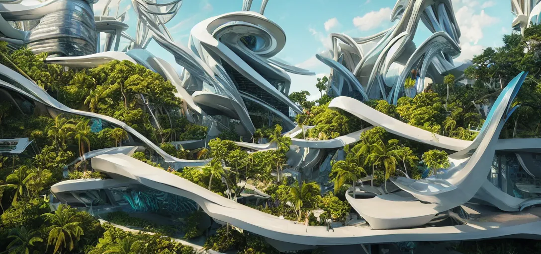 Prompt: highly detailed futuristic architecture by Frank Lloyd Wright and Zaha Hadid, reflective lighting, plastic vegetation, holographic signs, ground-level view, puddles of turquoise water, stunning sunny lighting, sunrise, vivid colors, in the style of pixar animation, trending on Artstation, 8k, matte painting, ray tracing, hyper detailed, unreal engine 5, cinematic, epic lighting, cryengine, octane render, cyberpunk, red and orange glow, vibrant