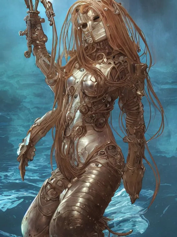 Prompt: full body picture of a warforged mermaid looking at the camera, cynical, bored, beautiful and aesthetic, intricate, unreal engine, messy hair, highly detailed, detailed face, smooth, sharp focus, chiaroscuro, manga illustration, artgerm, greg rutkowski, alphonse mucha, young adult light novel cover art