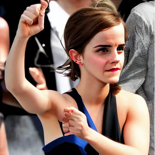 Image similar to emma watson pointing shotgun at camera,