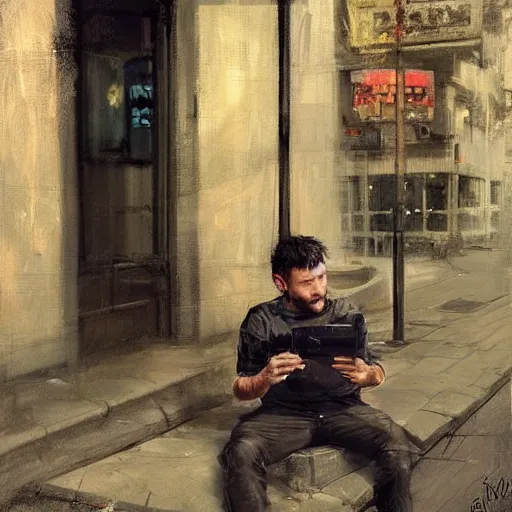 Image similar to a realistic hyperdetailed digital oil full body portrait painting of a man with a playstation 5 outside at a restaurant, beer in hand, in the style of guy denning, ruan jia, and craig mullins. trending on artstation and deviantart. cgsociety digital art.