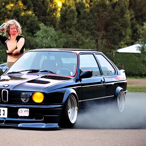 Prompt: greta thunber with a bmw m 3 e 3 0 in the background, spewing black smoke from it's exhaust