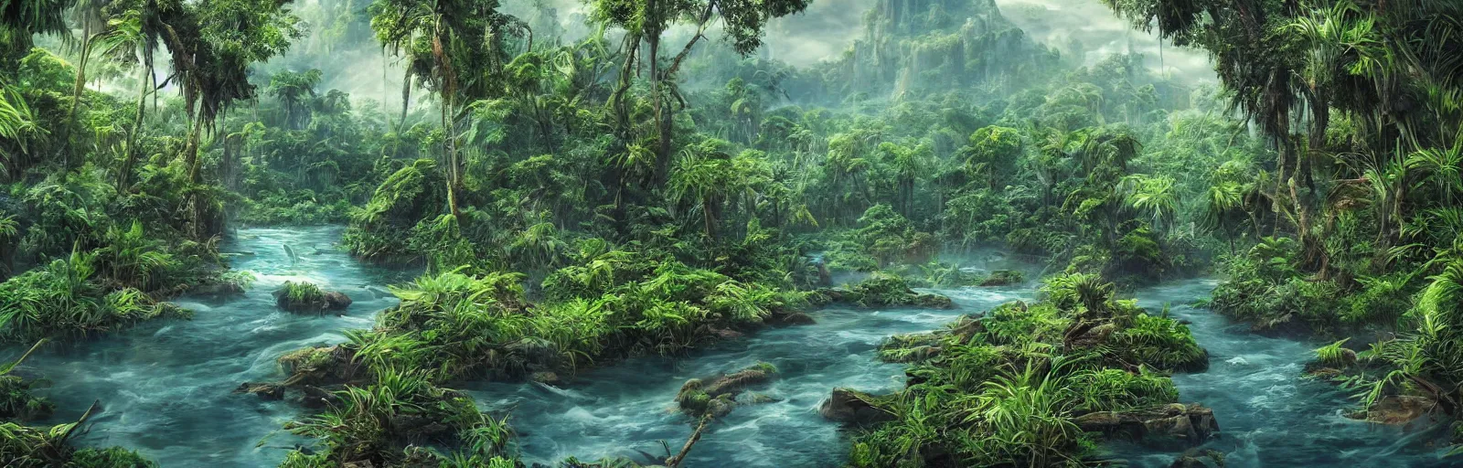 Image similar to painting of a jungle river!! scene on an alien planet by vincent bons. ultra sharp high quality digital render. detailed. beautiful landscape. weird vegetation. water.