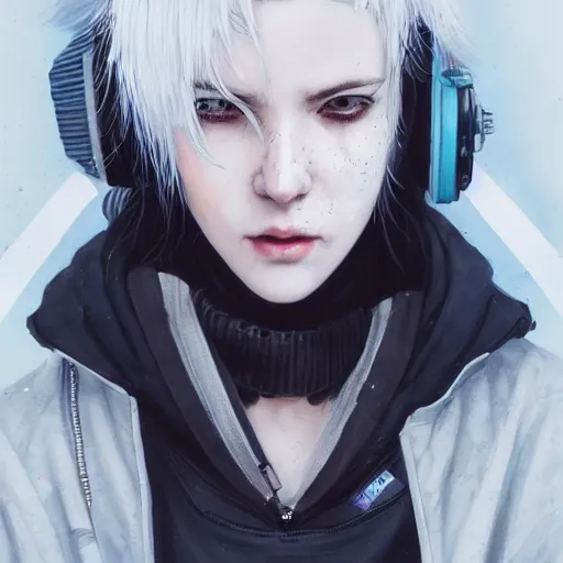 Prompt: very cool girl white hair girl with mask, streetwear, techwear, cyberpunk style outfit, full body, nose piercing, detailed portrait, intricate complexity, by greg rutkowski, cushart krentz, artgerm, ross tran, conrad roset, takato yomamoto, ilya kuvshinov. 4 k, beautiful, cinematic dramatic atmosphere, portrait lighting