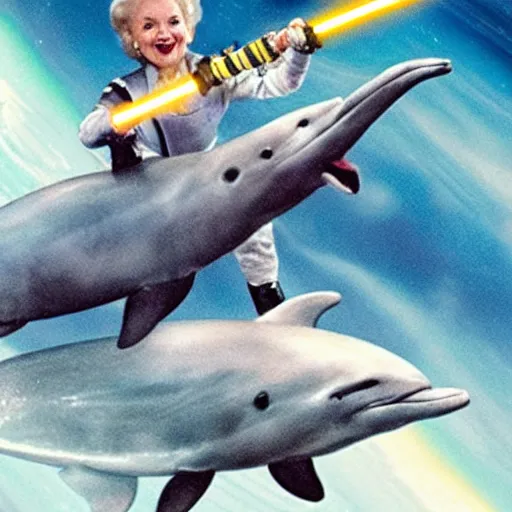 Prompt: betty white dual wielding lightsabers riding a dolphin through space