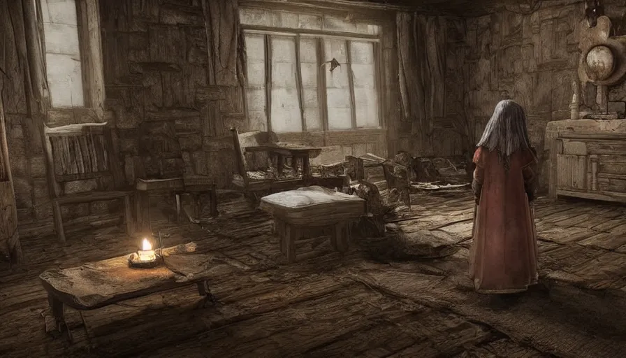 Prompt: in the long past, a alone child, alone in the darside, cold place, mother of witchers, shaodws coming, spirits in the dark, real atmosphere, old home decor