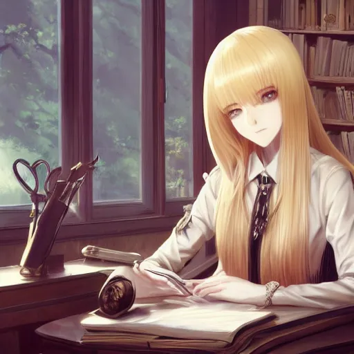 Image similar to blonde anime woman with long hair, wearing headmistress uniform, sophisticated young woman, sitting in dean's office, ornate designs on desk, sharp details, subsurface scattering, intricate details, art by artgerm, greg rutkowski, hd wallpaper, 2 0 1 9 anime screenshot