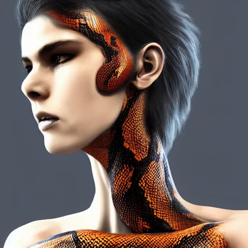 Image similar to snake human hybrid, chest up human lower half snake, black scales, bright amber eyes, chest covered in scales, scales on her chest, formless brests, flat chest, smileing nright, cinematographic shot, artstation, haahn trinh, naga