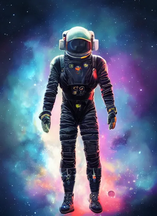 Prompt: fit black space soldier in an advanced spacesuit in front of exploding nebulae, digital illustration trending on artstation by artgerm and rutkowski