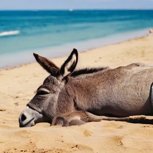 Image similar to A donkey lying on a sunbed near the beach, photorealistic