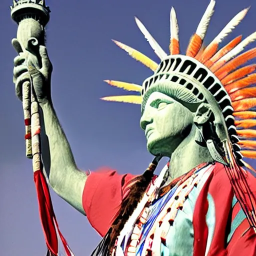 Image similar to photo of the statue of liberty as a native indian with head dress, native american hoop dance, coper cladding