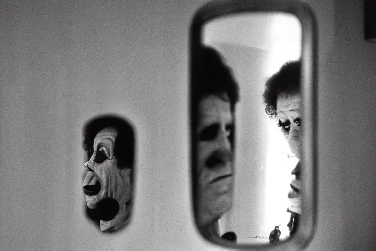 Image similar to close-up color film photography 1970s, sad clown look at himself in public bathroom mirror, soft light, 35mm, film photo, Joel Meyerowitz