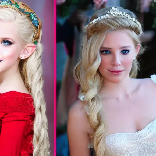 Image similar to beautiful gorgeous cute young elf princess Anna Taylor-Joy blonde hair blue eyes blushed in red dress