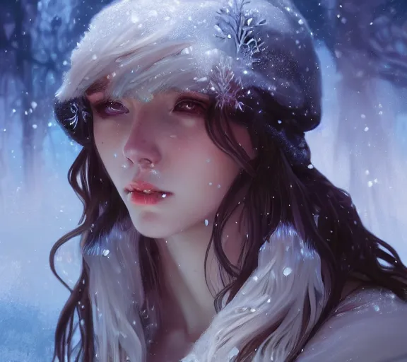 Prompt: beautiful ancient frost witch, fire in eye, snow glow, pool party, highly detailed, digital painting, artstation, sharp focus, illustration, art by tan zi and ayanamikodon and alphonse mucha and wlop!