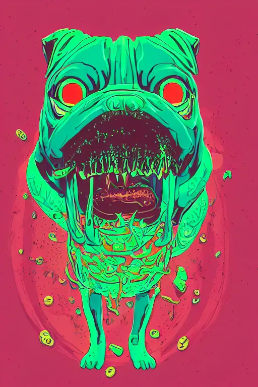 Image similar to demon pug eating flesh. art by mike winkelmann, sticker, colorful, illustration, highly detailed, simple, smooth and clean vector curves, no jagged lines, vector art, smooth