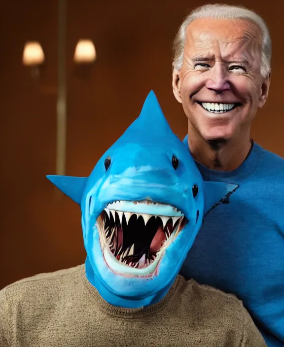 Image similar to joe biden nightmare fuel, shark man, shark costume, shark fin, sharp teeth, big smile, blue skin, ( ( claymation ) ), iridescent accents, by simon stalenberg