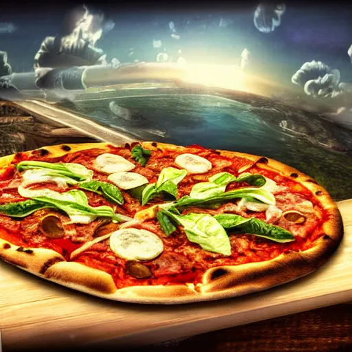 Image similar to gyro zeppelin pizza mozzarella, jojo bizzare adventure, realistic, hdr, clear image,