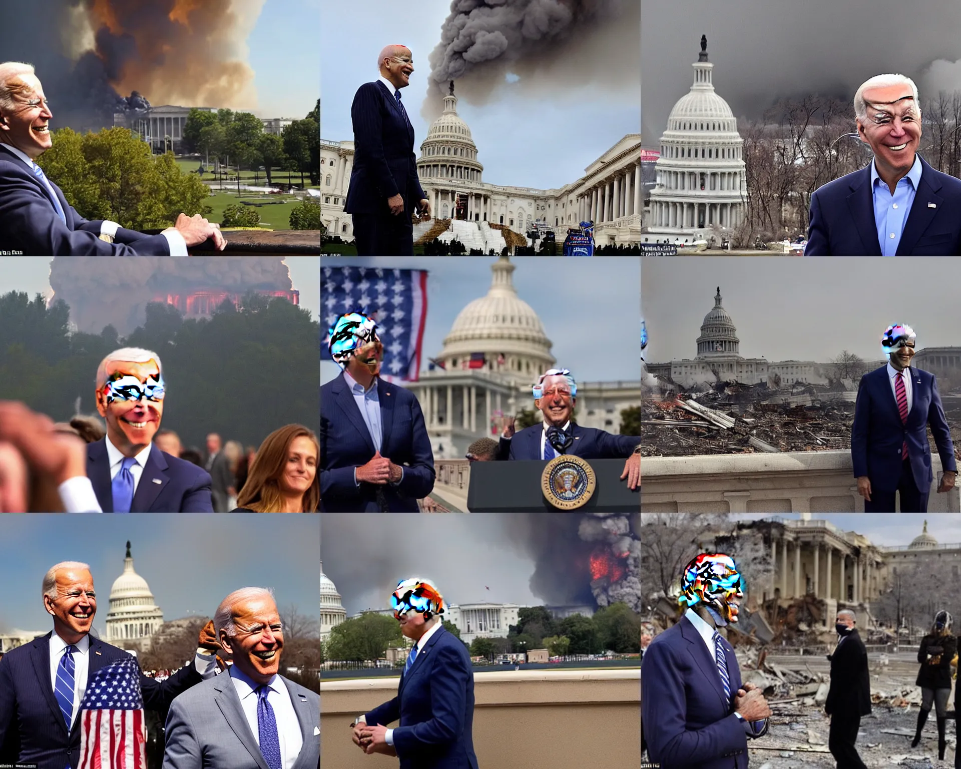 Prompt: Joe Biden watches with laughter as the U.S Capitol is destroyed in an explosion in the background, Evil, chaos, ornate, horror, detailed, colorful