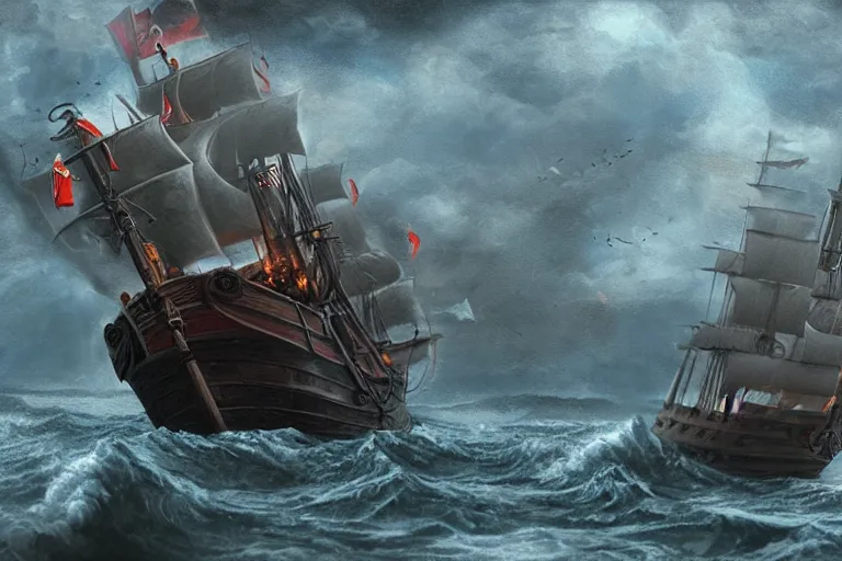 Image similar to epic pirate ship cannon battle in a storm, in the style of vernon grant and chris van allsburg, trending on artstation, bright tilt - shift camcorder effect, photoshop, retrowave, hyperrealism, octane, sharp focus, masterpiece