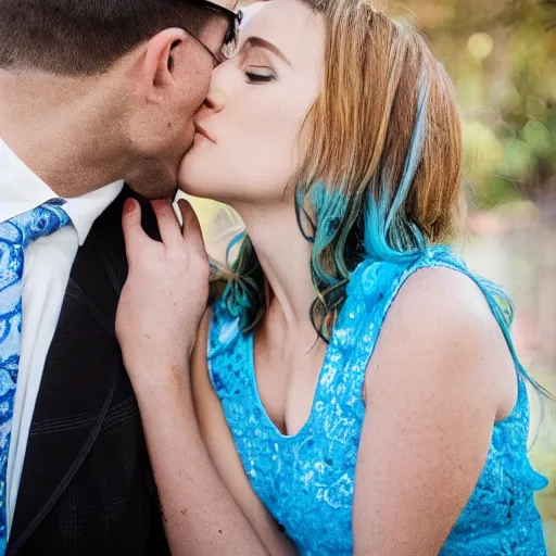 Image similar to the metaphysical holy marriage glue, couple kissing with bright blue glue