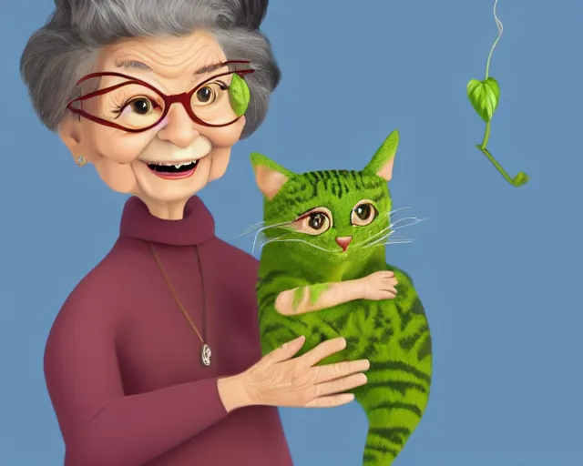 Image similar to detailed cartoon portrait of an old lady and her plant cat, pixar, sharp high quality