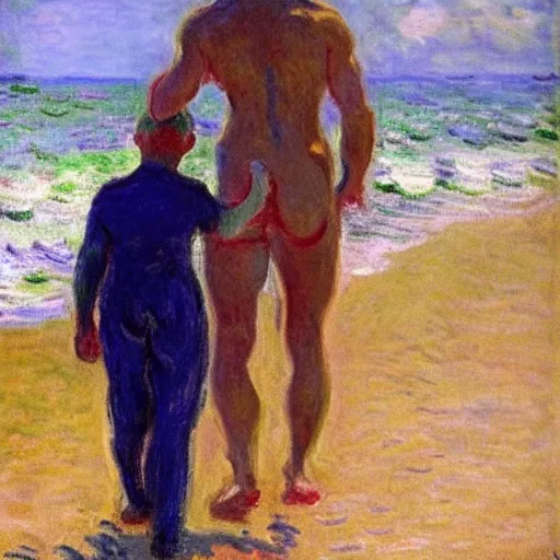 Image similar to a man carrying his child over his shoulders walking near the beach, anatomically correct, painting by monet, masterpiece