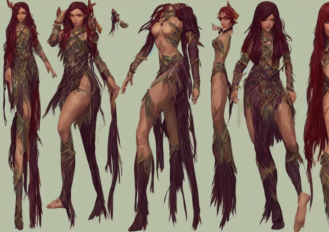 Image similar to half orc half elf woman, ginger extra very long hair, tropical mage dress with high slit, several layers of fabric, character concept art character sheet, by ilya kuvshinov, krenz cushart, Greg Rutkowski, trending on pixiv