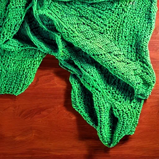 Prompt: hand - knitted neon green scarf laying on a table in the living room, view from above, watercolor painting