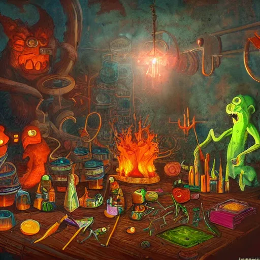 Prompt: these monsters are consumed by fire, yet they remain unharmed. they are surrounded by the tools of the alchemist's trade - beakers and test tubes full of colorful liquids, crystals, and books of ancient knowledge. the scene is suffused with an eerie glow, as if something magical is happening here. by johfra