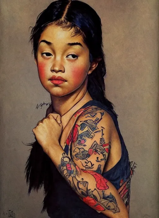 Prompt: a beautiful mixed asian girl with a tattoo on her arm by Norman Rockwell