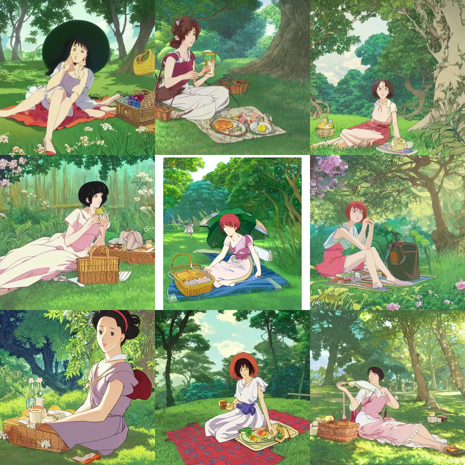 Prompt: Portrait of a woman having a picnic in a lush park, Studio Ghibli face, highly detailed, cel shading, digital painting, anime key visual, artwork by Hayao Miyazaki and Alphonse Mucha