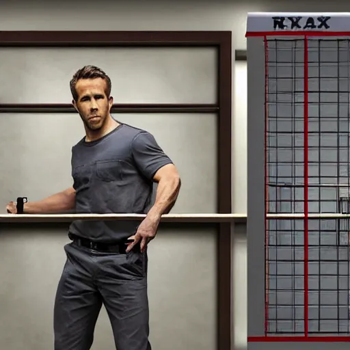 Image similar to photo of Ryan Reynolds in prison outfit getting, handcuffed, getting picture taken in front of a height chart in prison, highly detailed, high quality, HD, 4k, 8k, Canon 300mm, professional photographer, 40mp, lifelike, top-rated, award winning, realistic, sharp, no blur, edited, corrected, trending