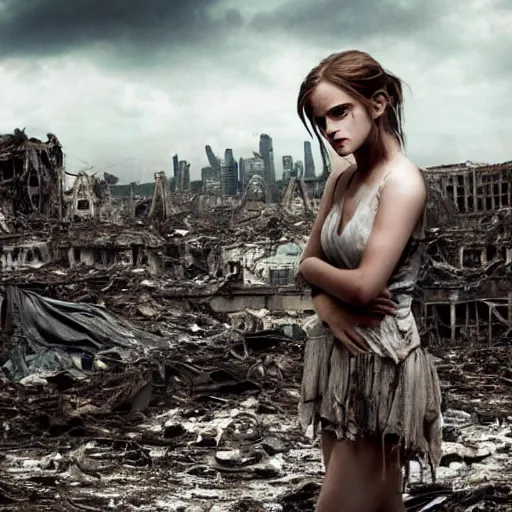 Image similar to concerned and tired emma watson in shredded dirty clothes rags, in the ruins of civilization after the apocalypse, looming city ruins backdrop, hd photo, high detail