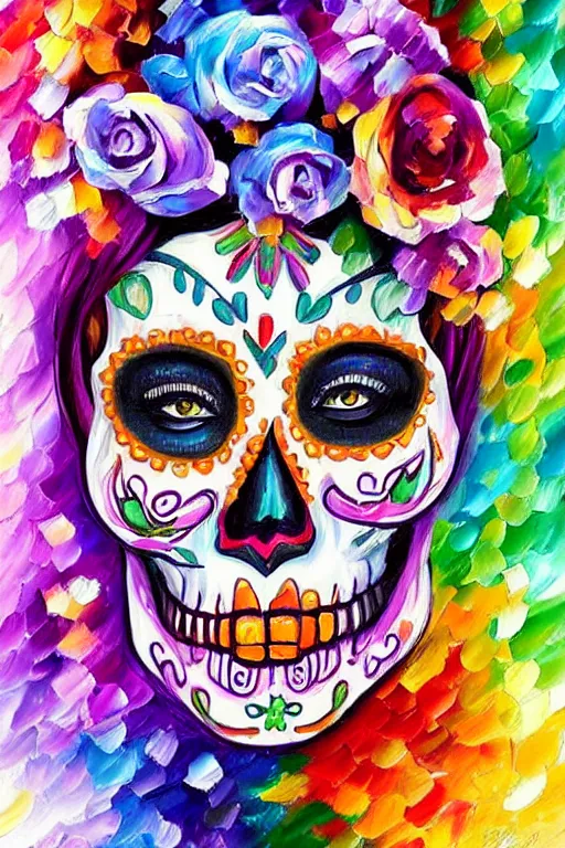 Image similar to illustration of a sugar skull day of the dead girl, art by leonid afremov