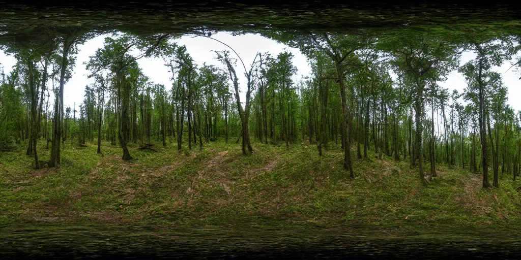 Image similar to a high quality professional 360 photograph of a scary forest