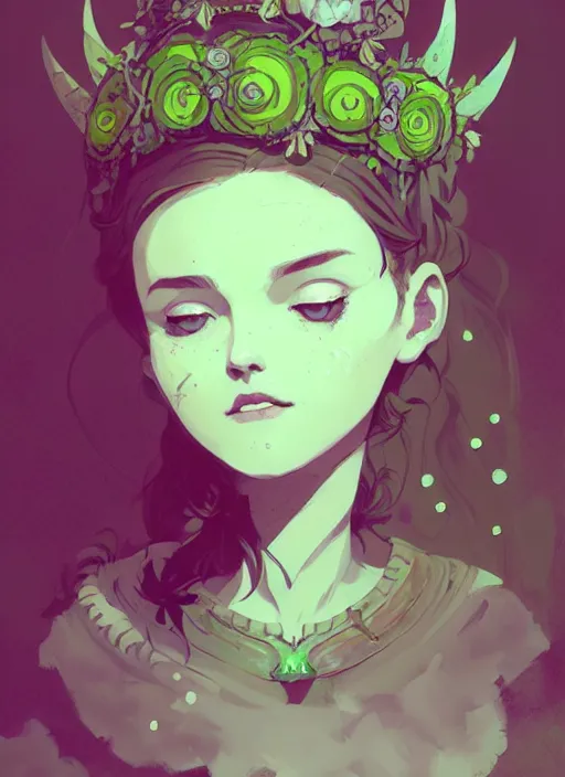 Image similar to portrait of cute fairy girl with crown of flowers covered with celtic rune tattoos, fantasy, by atey ghailan, by greg rutkowski, by greg tocchini, by james gilleard, by joe gb fenton, by kaethe butcher, dynamic lighting, gradient light green, brown, blonde cream and white color in scheme, grunge aesthetic