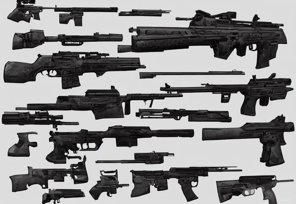 Prompt: game asset reference of firearms, digital art, rifle, handguns, reference images ( front, side, top ) artstation, unreal engine