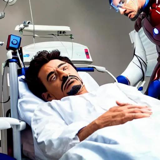 Prompt: iron man lying in a hospital bed getting treatment from doctor house