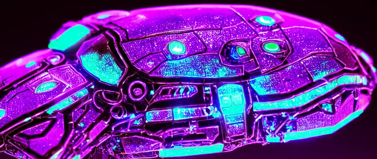 Image similar to high quality photo glowy iridescent cyborg scarab! jeweled very beautiful! highly detailed digital art david ligare elson peter cinematic purple neon lighting high quality low angle hd 8k sharp shallow depth of field