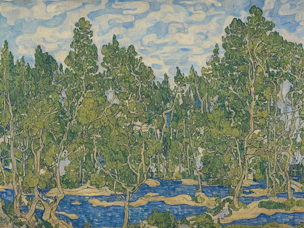 Prompt: a beautiful landscape painting by arthur lismer, trending on arstation