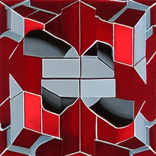 Prompt: chrome spheres on a red cube by escher