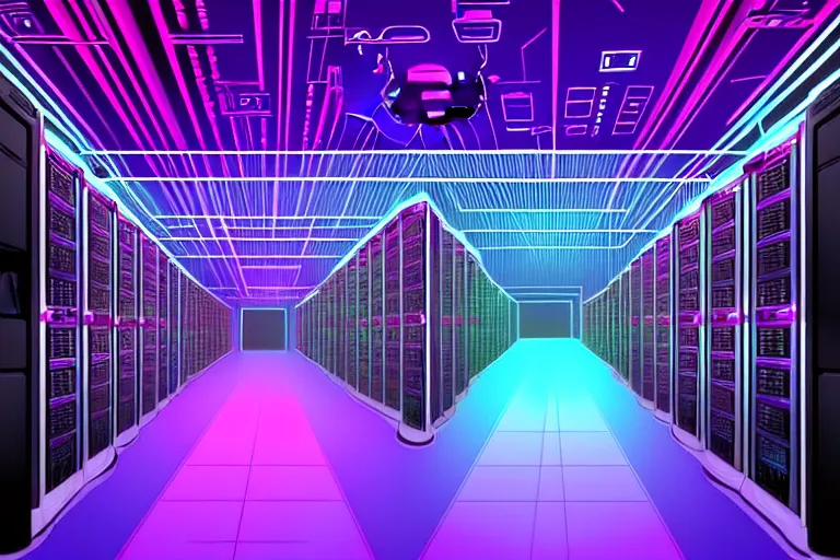 Image similar to realistic robot in a data server room, neon and dark, purple and blue color scheme, by dan mumford and malevich