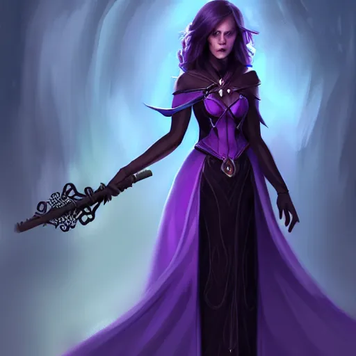 Image similar to a woman in a purple dress holding a staff and dark magic, magical concept art, artstation contest winner, fantasy art, dark and mysterious, artstation hd, detailed, 8 k, digital art