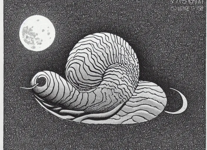 Image similar to a snail on the beach under the moon, by mc escher