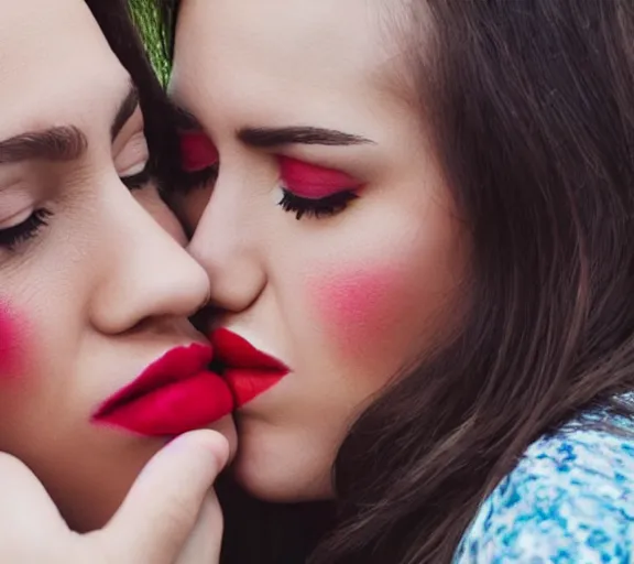 Prompt: close photo shot still of two womens rainbow painted lips kissing