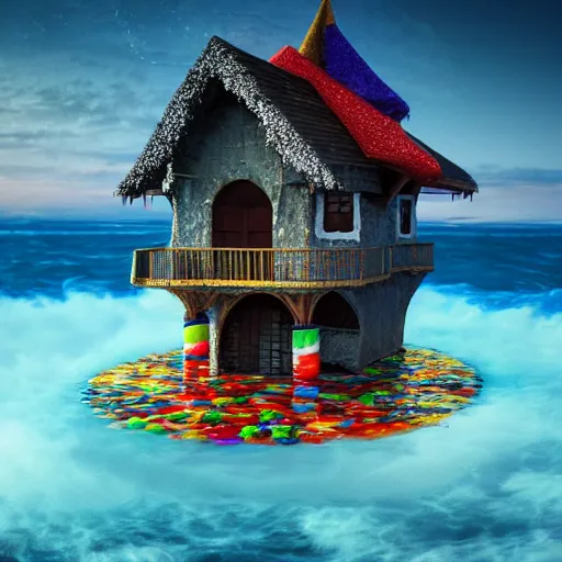 Image similar to a witches house made out of candies on the ocean, epic scene, fantasy, redshift render, cgi, hyper - detailed, photo - bash, 8 k post - production, masterpiece