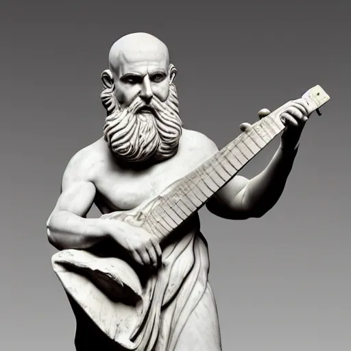 Image similar to epic greek marble statue of a bald man with a long beard playing a marble guitar, photo, chiaroscuro