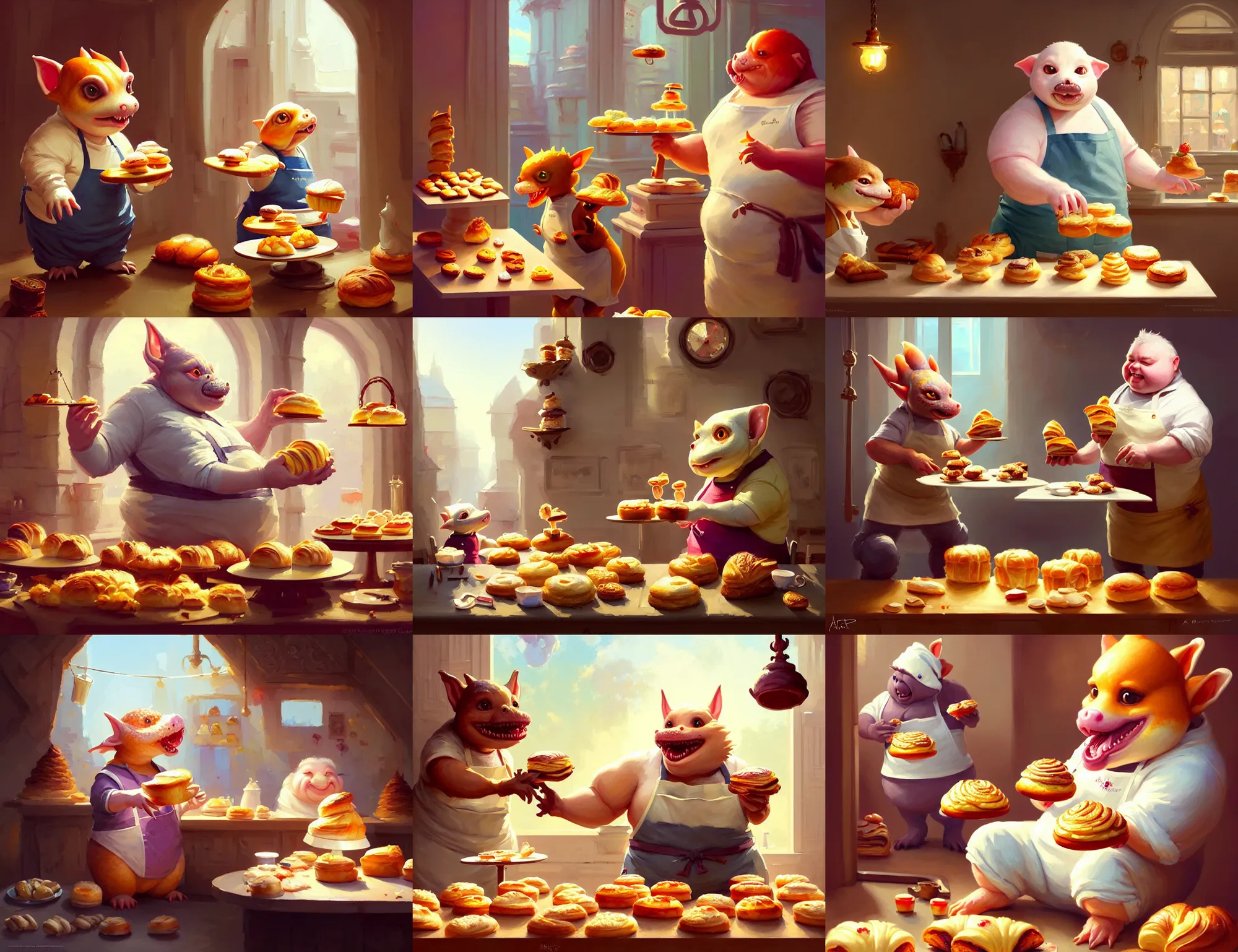 Prompt: a very cute painting, adorable very short fat obese kobold baker wearing an apron eating a few unsold pastries at the end of the day, intricate, highly detailed, artstation, concept art, smooth, sharp focus, colorful scene, art by artgerm and greg rutkowski and wlop